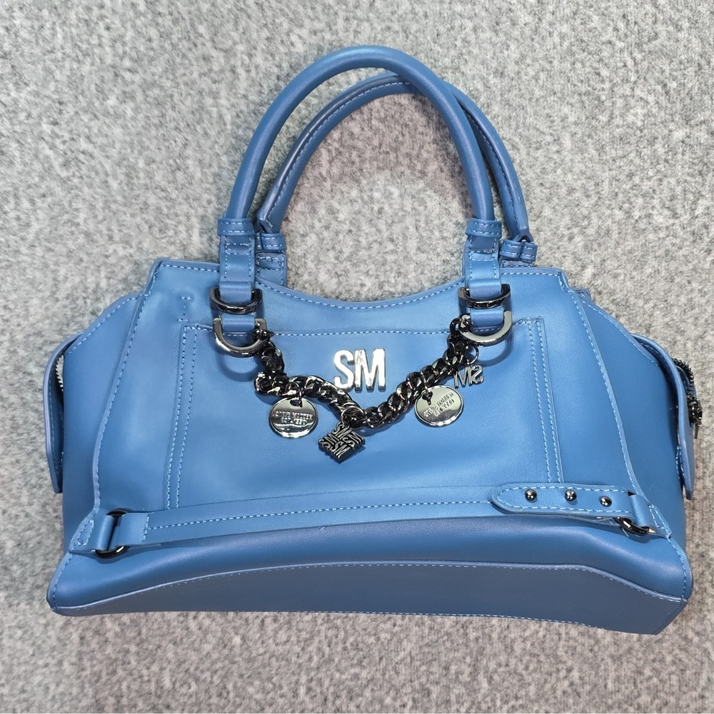 Steve Madden Blue Large Satchel Top Handle Zip, Double Handles, Charm Chain